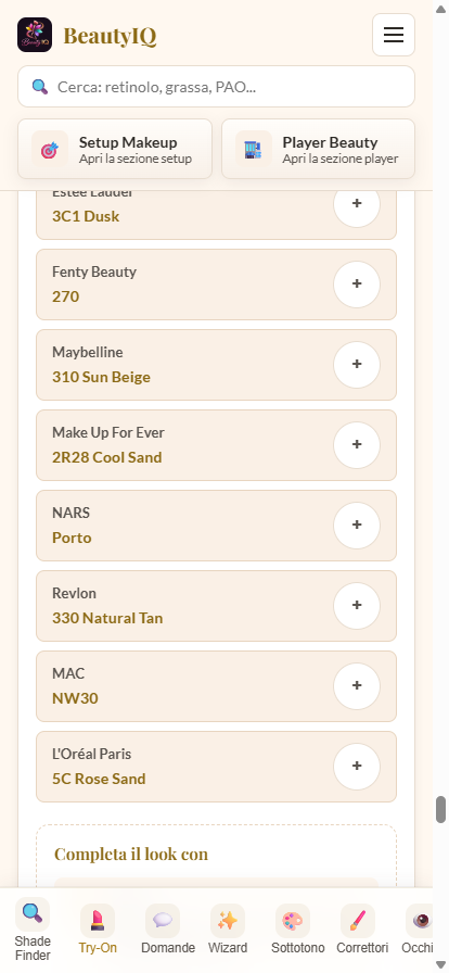Lista equivalenze cross-brand: Estée Lauder 3C1, Fenty 270, Maybelline 310, MAC NW30, NARS Porto