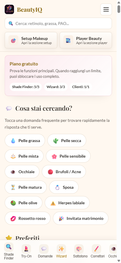 Home BeautyIQ con bottom nav, ricerca e indice delle 22 sezioni