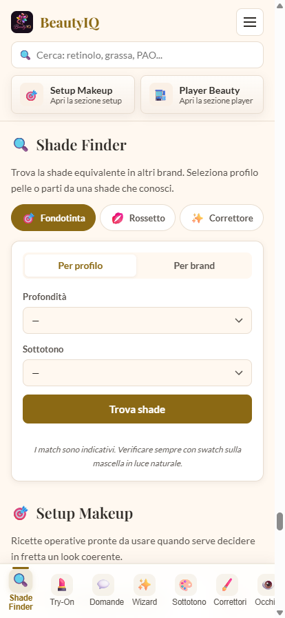 Shade Finder con tab Per profilo / Per brand e dropdown profondità + sottotono
