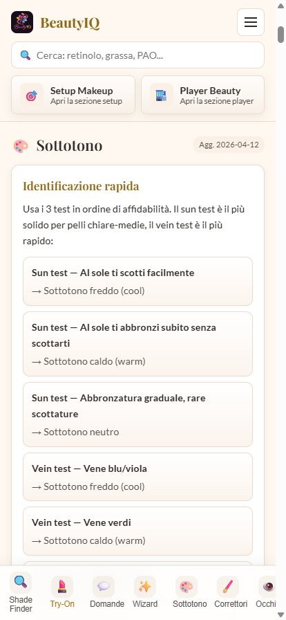 Test sottotono BeautyIQ: sun test e vein test con risultati immediati cool/warm/neutral